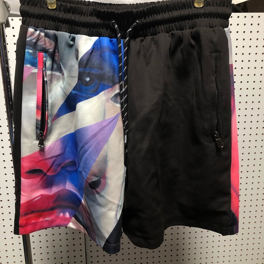 Men's Black Athletic Shorts with Multicolor Face Graphic